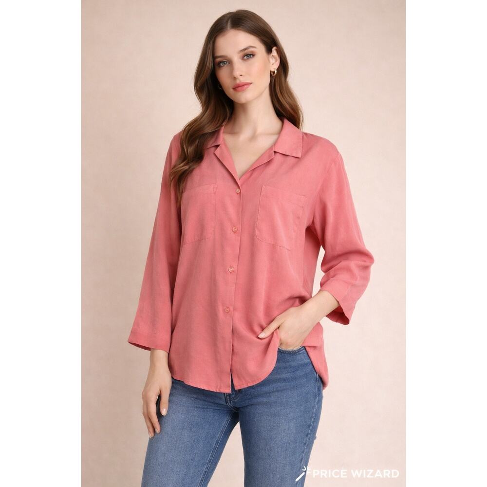 Anna & Frank 100% Silk Blouse Top Lg Coral Button Front Relaxed Fit Coastal Chic